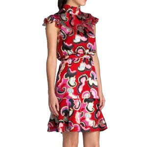 Saloni Phoebe Coral Daybreak Devore Floral Dress Size 6 Ruffle Hem Silk Blend